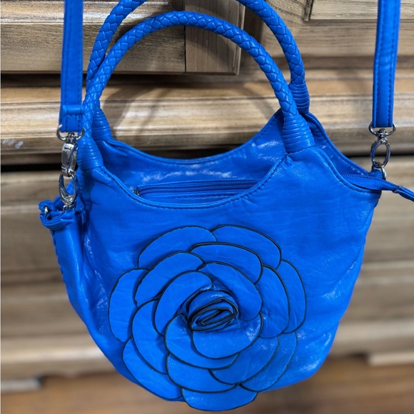Italian Leather Royal Blue Crescent Shoulder Bag with Floral Design. - Picture 7 of 9